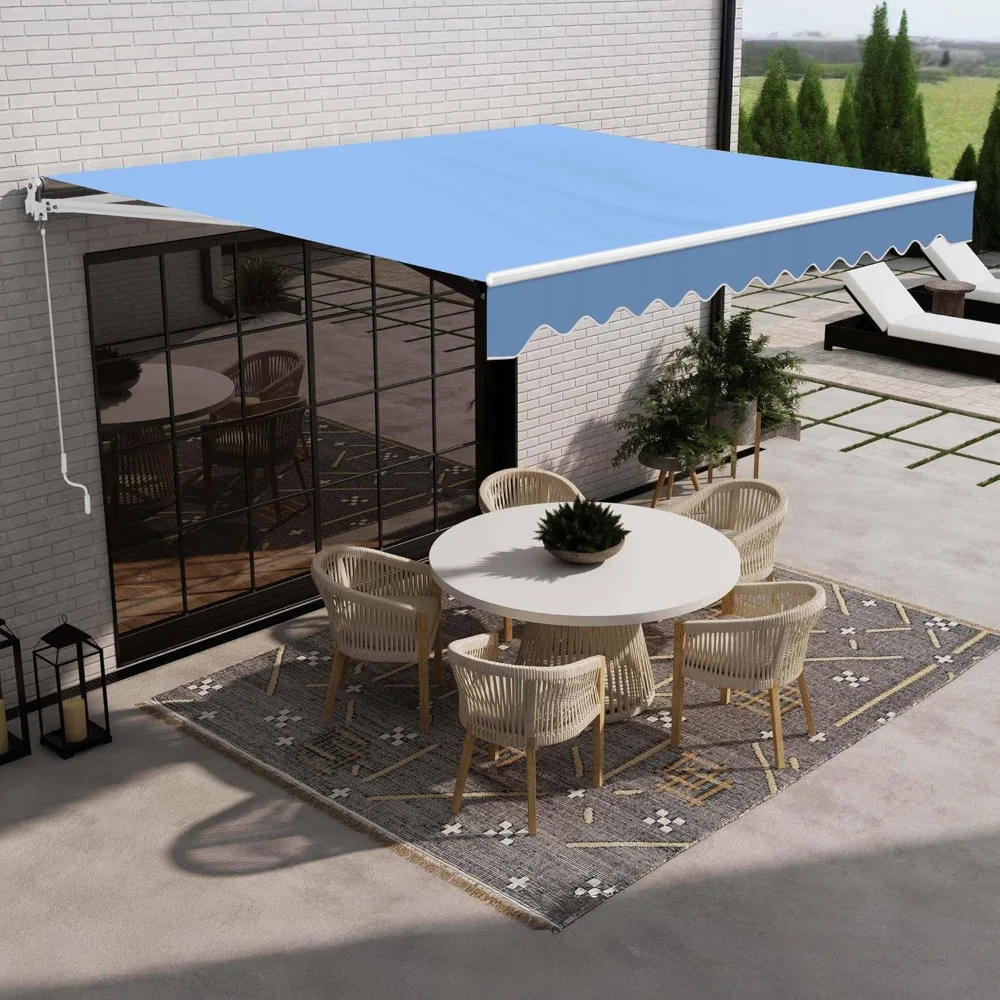 

12x10 feet Caribbean Style Manual White Frame Awning, UV-Protected Sunshade Canopy with Hand Crank and Durable Steel Frame