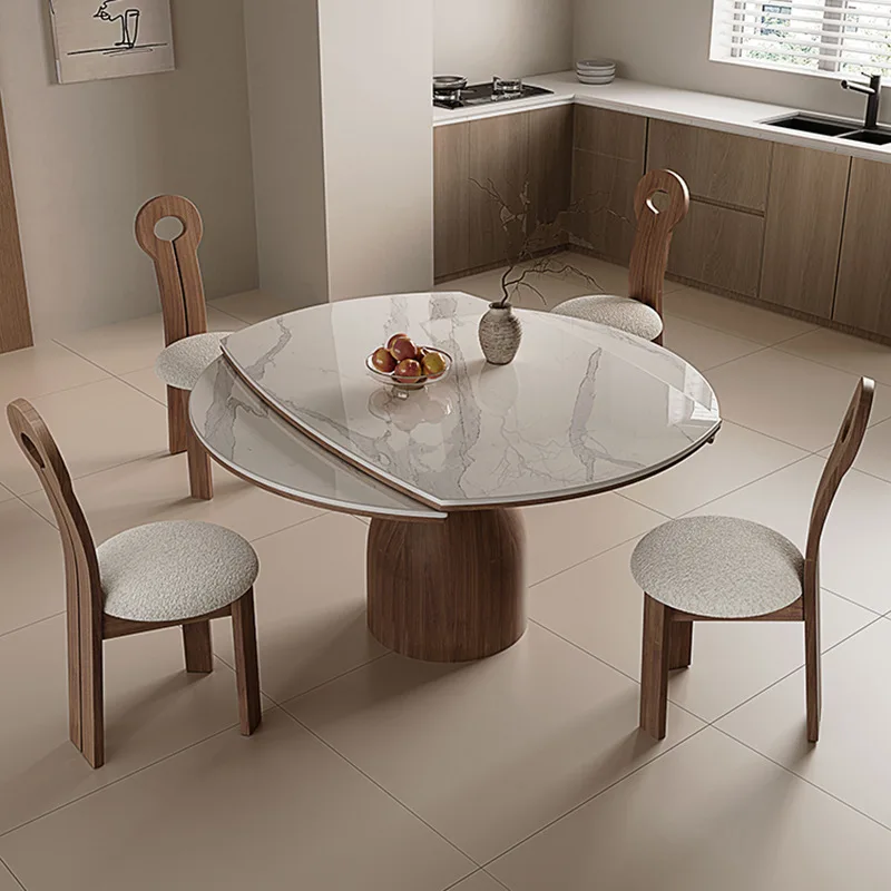 French retro solid wood retractable rock slab dining table