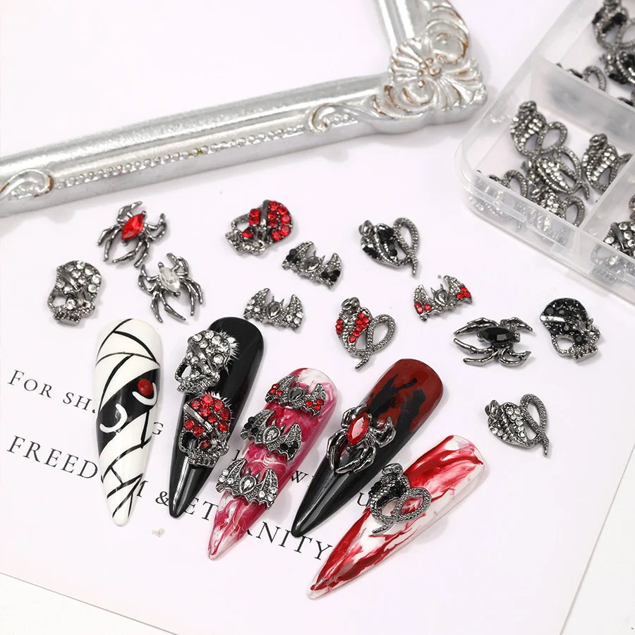 12Grids Multiple Style Alloy Skull Spider Nail Charms New Creative Glass Diamond Bat Halloween Nail Decorations for DIY Nails