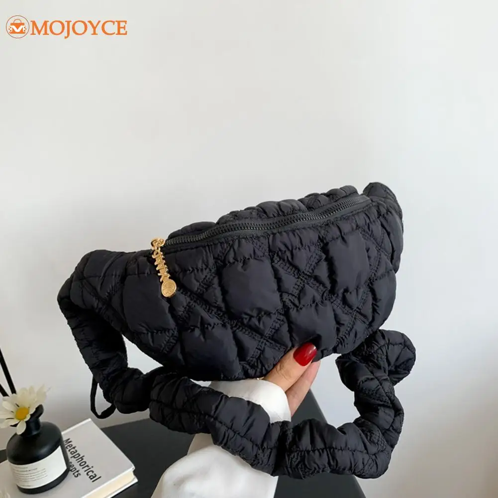 Women New Pleated Cotton Handbag 2023 Soft Solid Color Puffer Banana Bag for Girl Quilted Embroidery Shoulder Bag Chic Chest Bag