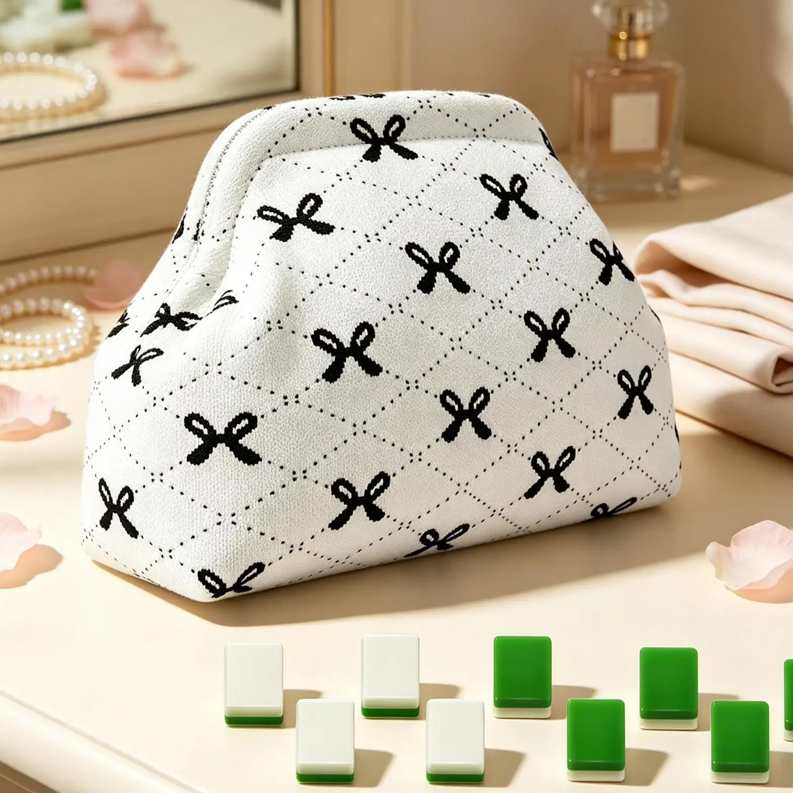 Mahjong Bag Aesthetic Prints Hand-woven Dice Coin Holder Case Magnetic Closure Mahjong Tile Case for Travel Home Party Game
