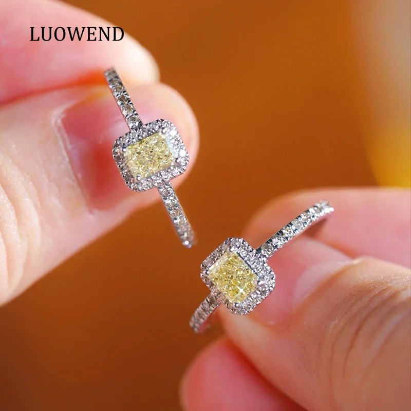 LUOWEND 100% 18K White Gold Rings Luxury Shiny Design Real Natural Yellow Diamond Engagement Ring for Women Senior Banquet