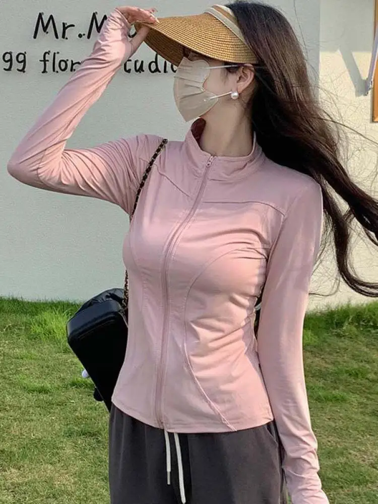 

Korean Fashion Women Clothes Solid Long Sleeve Sports Jacket Tops Spring Summer Versatile Sunscreen Zipper Short Coat Simplicity