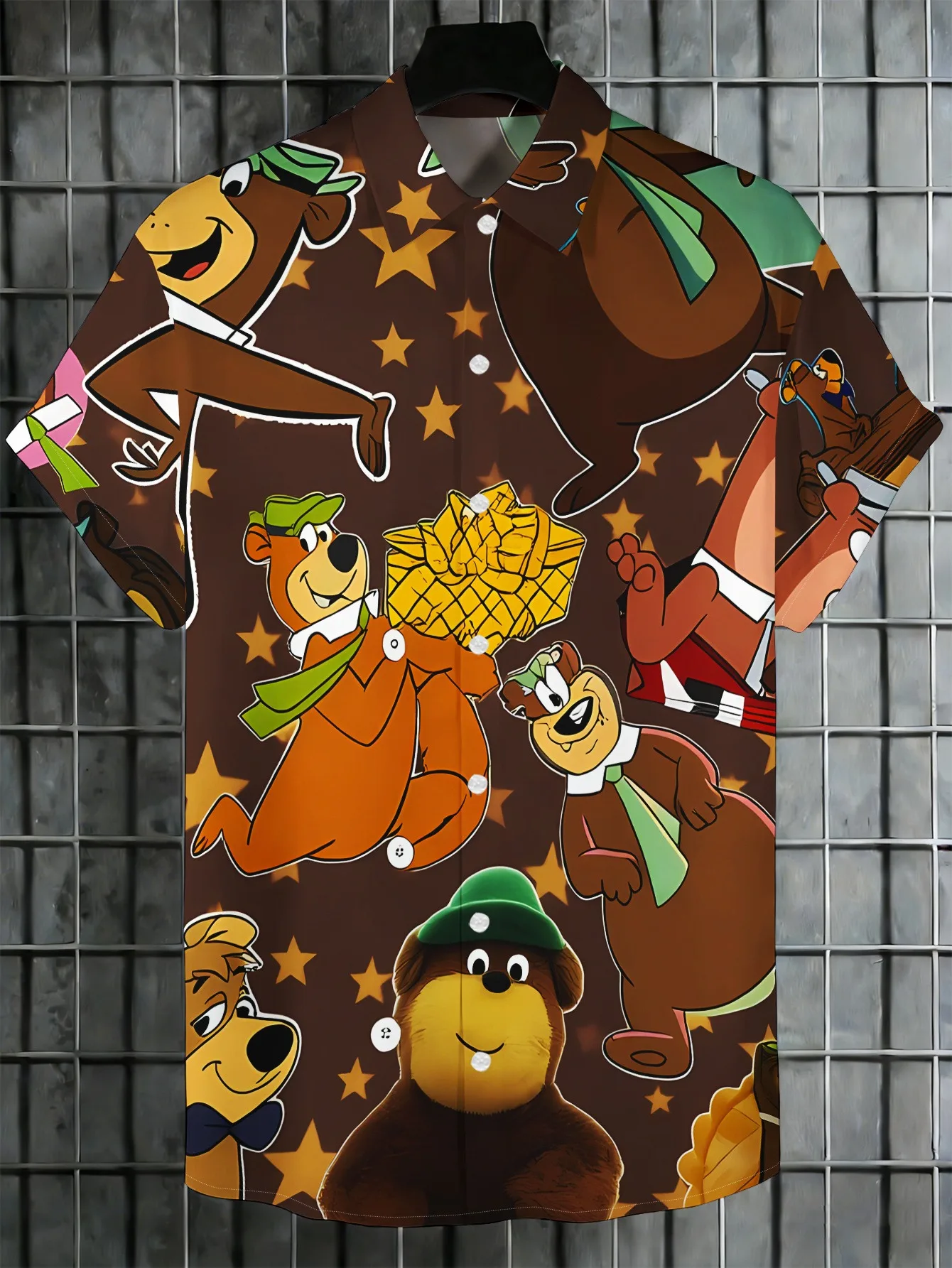 A Brown Short-sleeved Shirt Featuring Cartoon Brown Bear Designs and Star Decorations