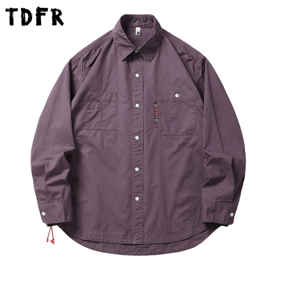 

Pocket Cargo Long Sleeve Shirts Mens Solid Color Retro Summer Safari Style Lapel Single Breasted Curved Hem Cotton Shirts Men
