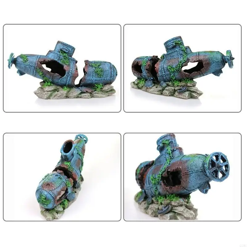 Sunken Ship Aquarium Ornament Simulation Shipwreck Water Plants Reptiles Hide House Fish for Tank Decoration Q5WC