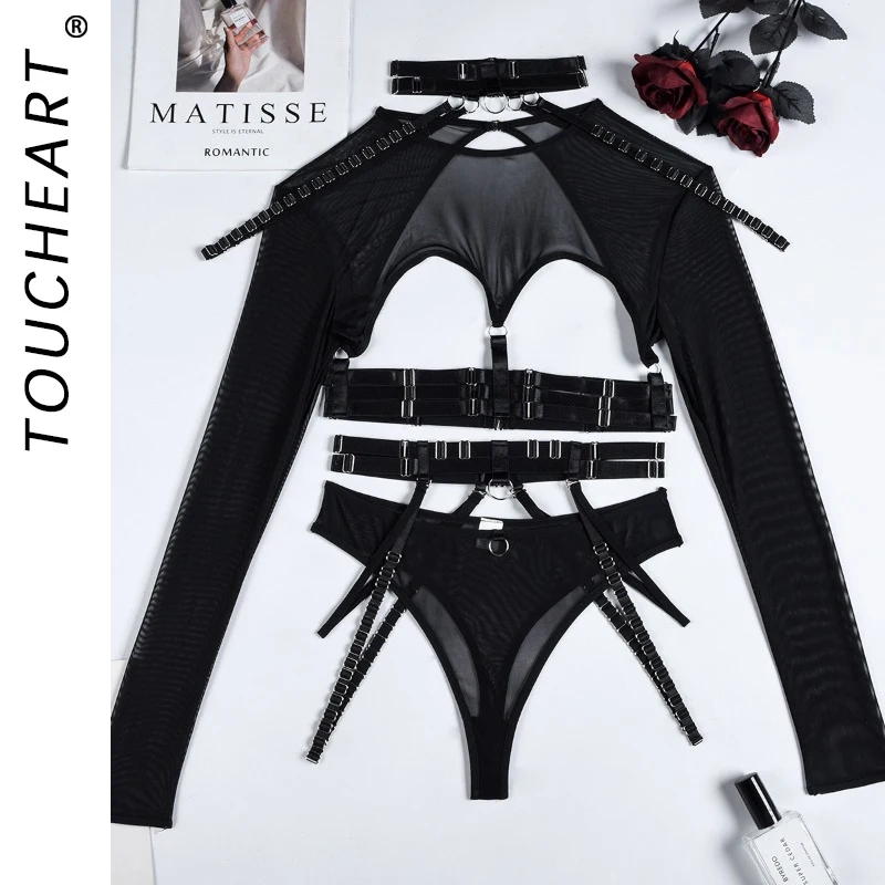 Toucheart Sexy Lingerie 3-Piece Set For Women Mesh Material Halter Girdle Kit Sexy Mesh Hollow Out Long Sleeves Underwear Suit