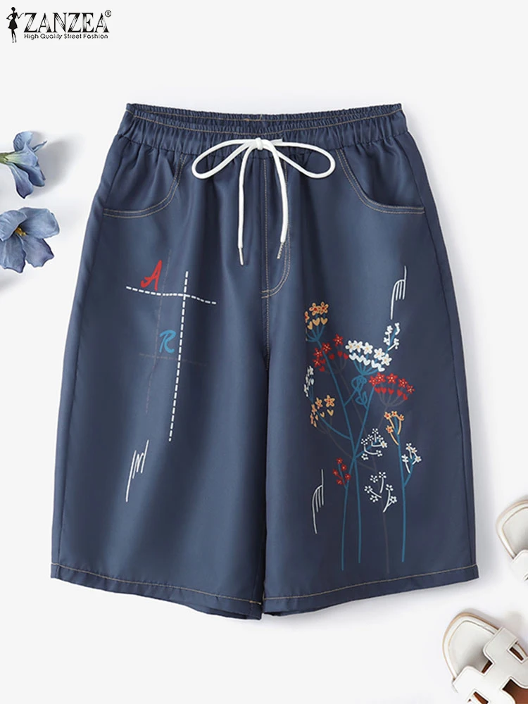 

Шорты с принтом, женские модные повседневные свободные джинсовые короткие брюки на шнуровке с карманами и эластичной резинкой на талии, большие размеры S-3XL ZANZEA