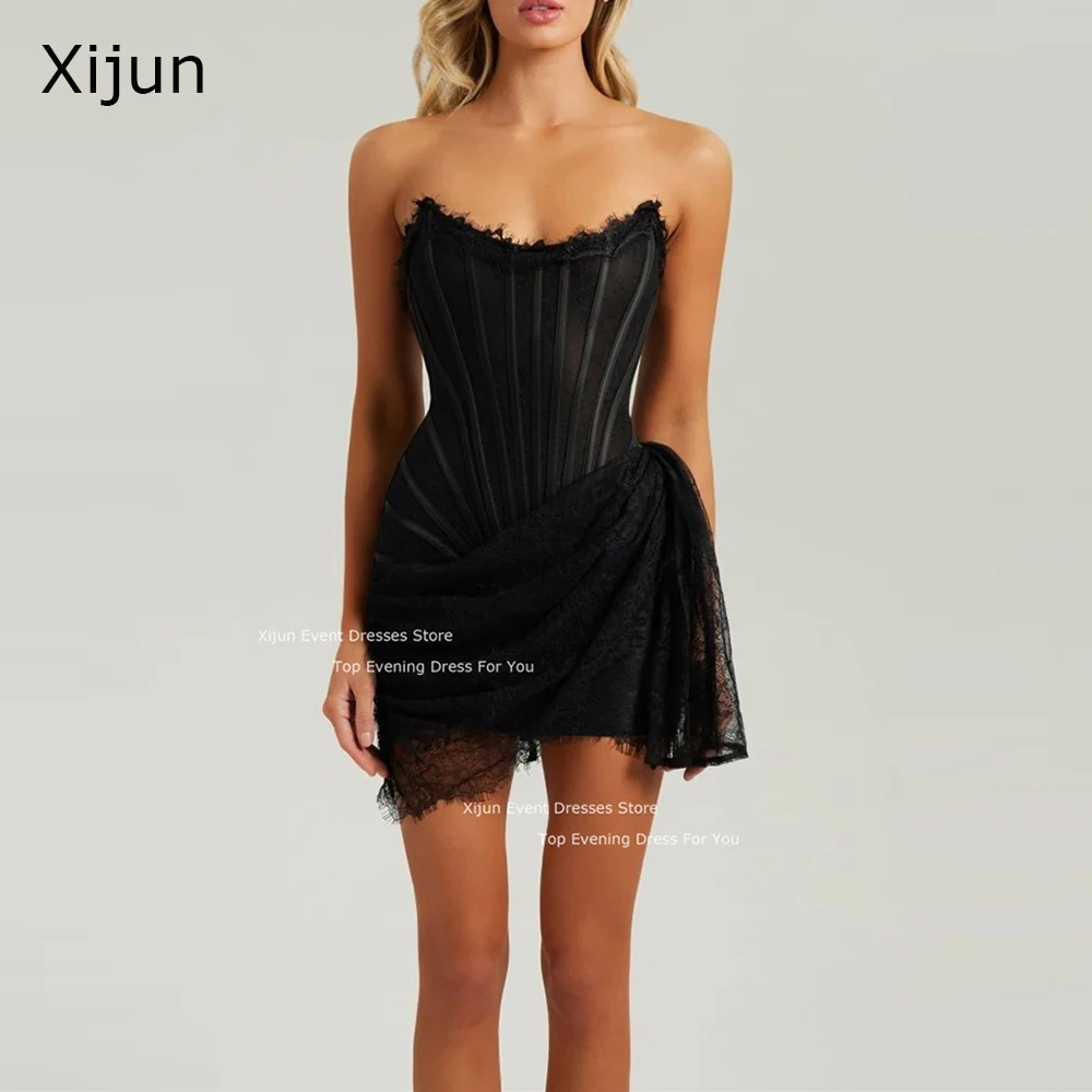 Xijun Black Sexy Mini Evening Dresses Flower Lace Short Prom Dresses Birthday Party Dresses For Women Corset Cocktail Prom Gowns