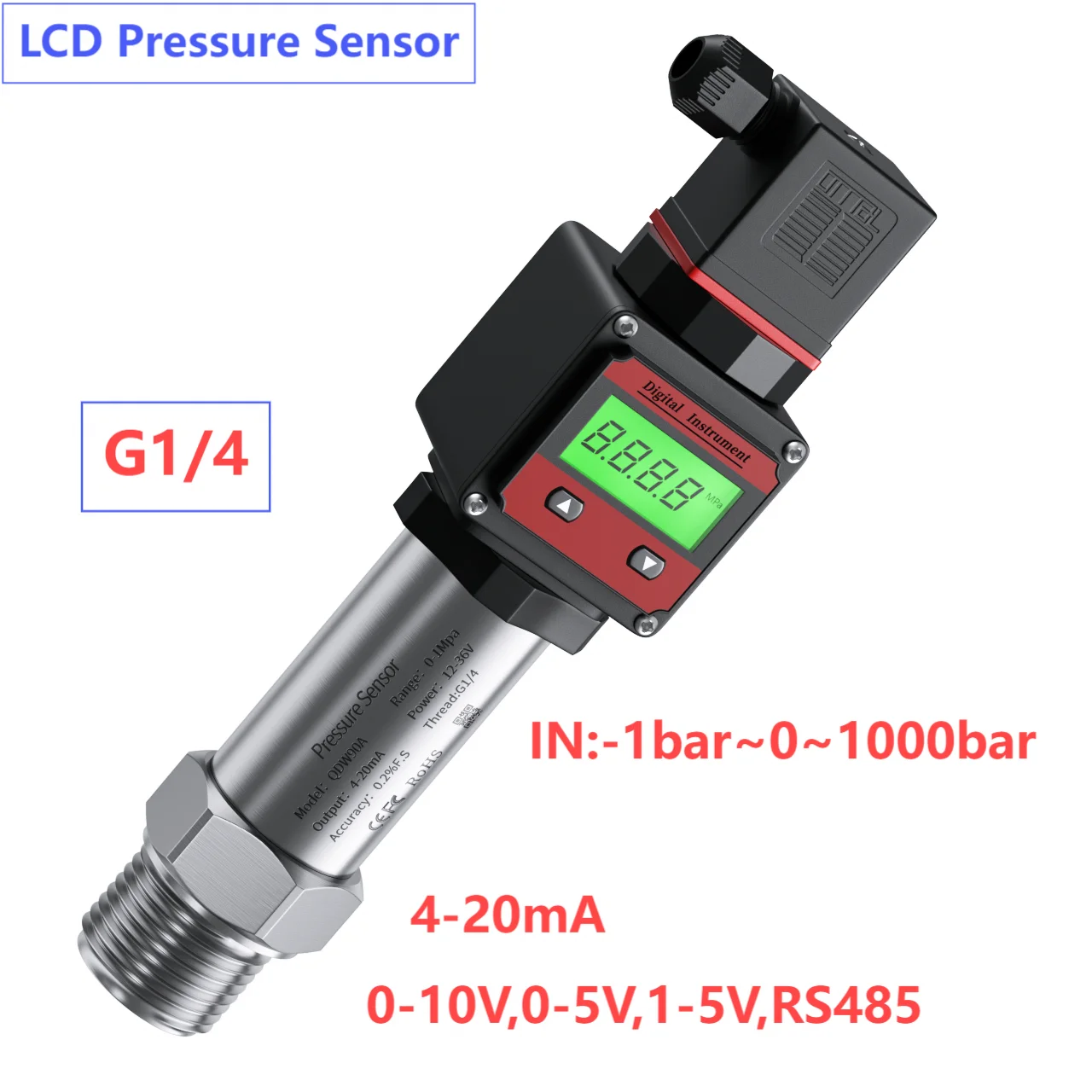 G1/4 Pressure Transmitter 4-20mA Output -0.1Mpa-0 0-5Mpa Pressure Gauge Digital Display 10Mpa 60Mpa LCD Pressure Sensor 0-10V