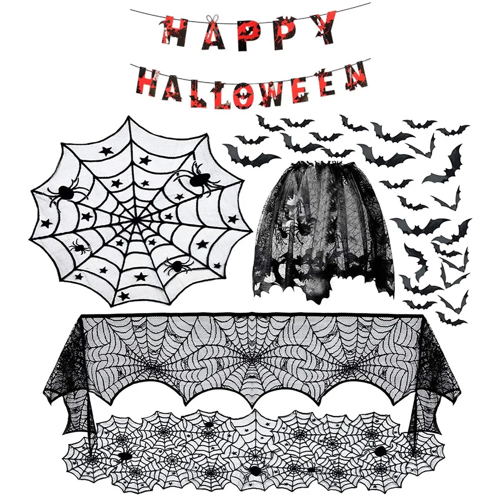 Halloween Black Lace Curtain Spider Witch Bat Skull Door Curtains Festival Halloween Theme Set Party Decoration