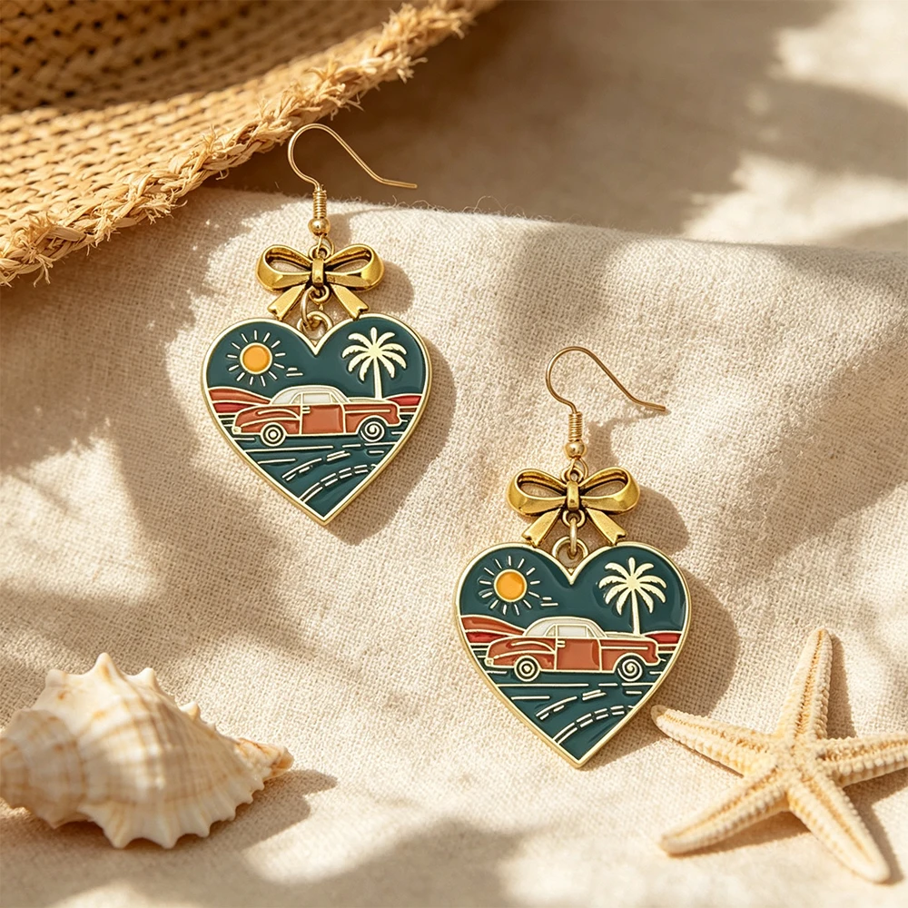 European and American Style Heart-Shaped Landscape Enamel Drop Earrings, Gold Alloy Bowknot Vintage Highway Car Pattern Women's Earrings