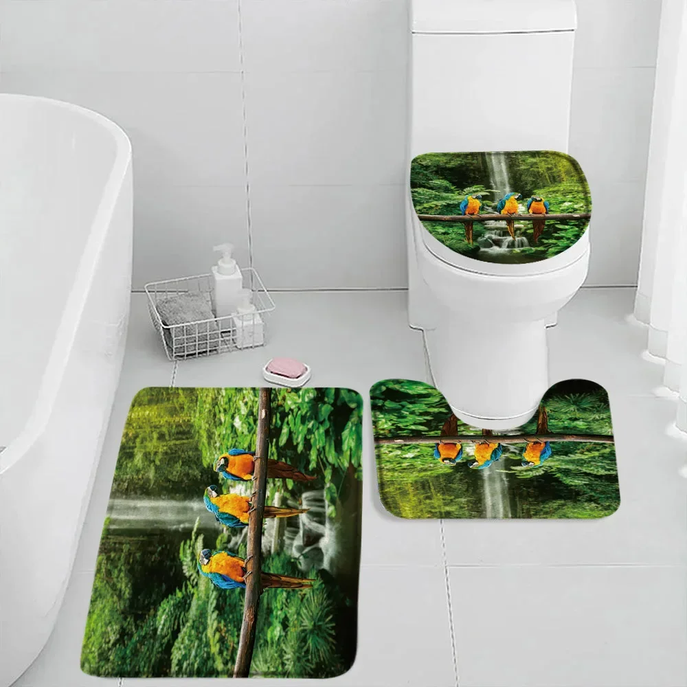 3Pcs Peacock Floor Mat, Rainforest Jungle Botanical Animal Flower Parrot Owl Oil Painting Rug Bathroom Decor Rugs Toilet Cover