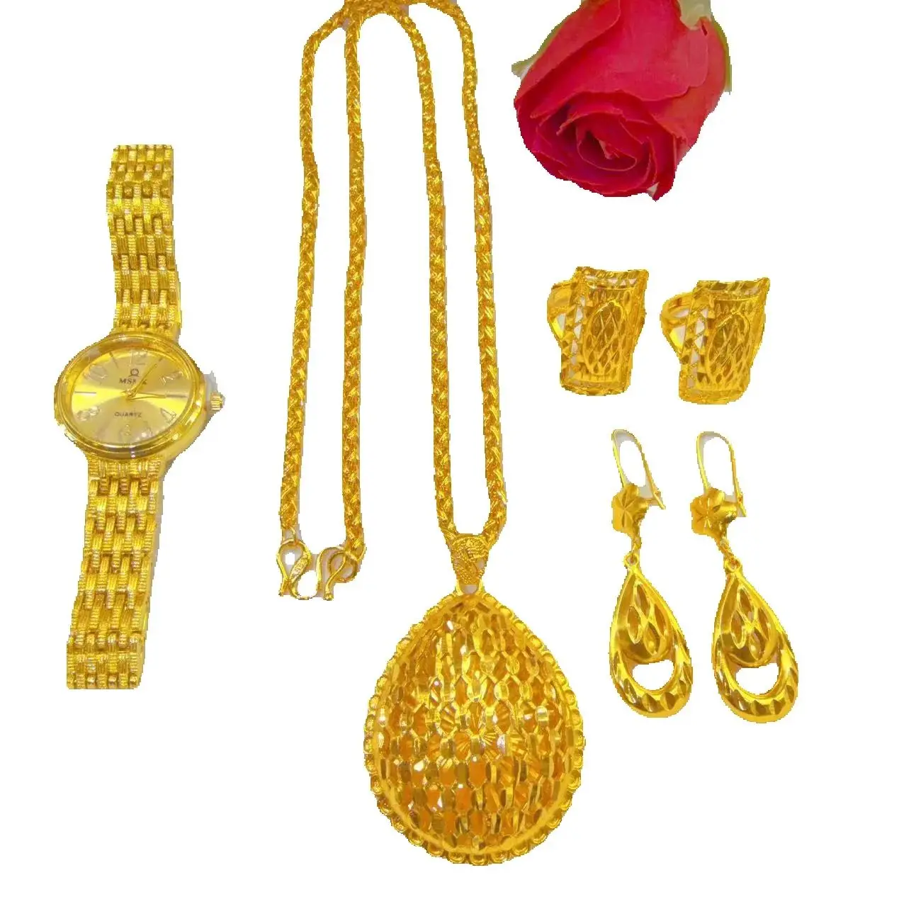 New Dubai Fashion High end 24K Gold Plated Necklace Earrings Rings Bracelets Exquisite Engagement Party Jewelry Set for Lovers view 4