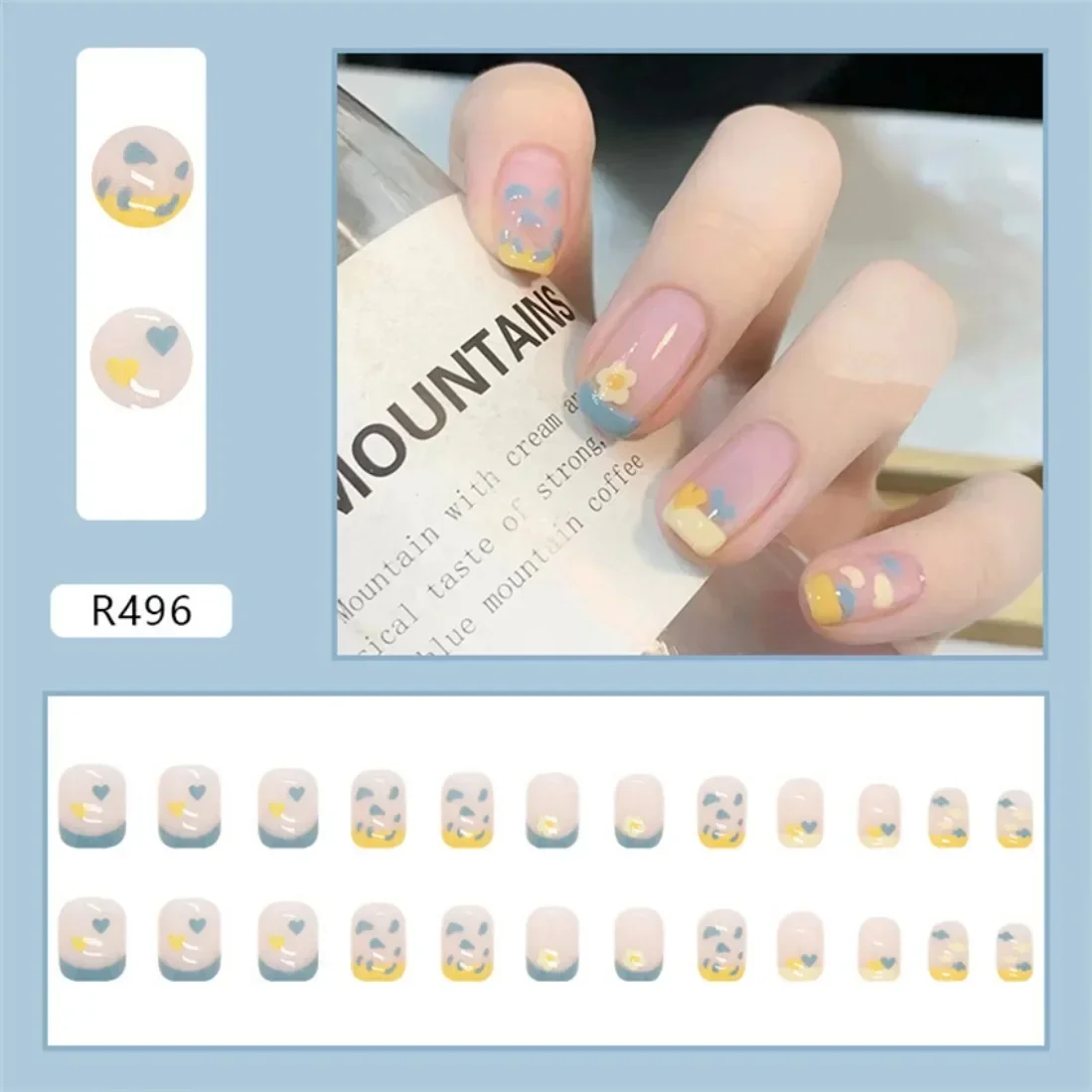 24P Kunstmatige Nail Art Nep Nagels Volledige Dekking Verwijderbare Pers Op Nagels Chips Waterdichte Gele Kleine Bloem Decoratie Tips