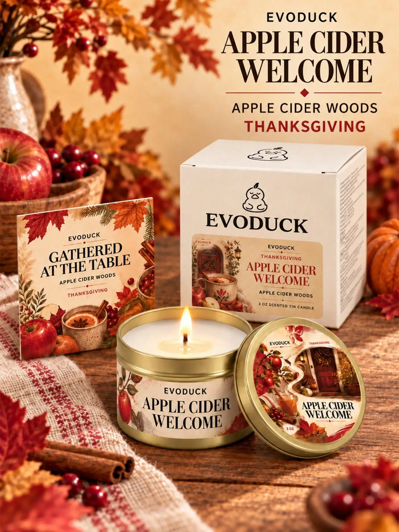 1pc Apple Cider Scented Fall Candle 3oz Mini Gold Tin With Gift Box & Card, Sweet Apple Cinnamon Woodsy Autumn Scent, Bedroom Nightstand Cozy Harvest Decor, Thanksgiving Hostess Gifts For Women Mom Home Fragrance