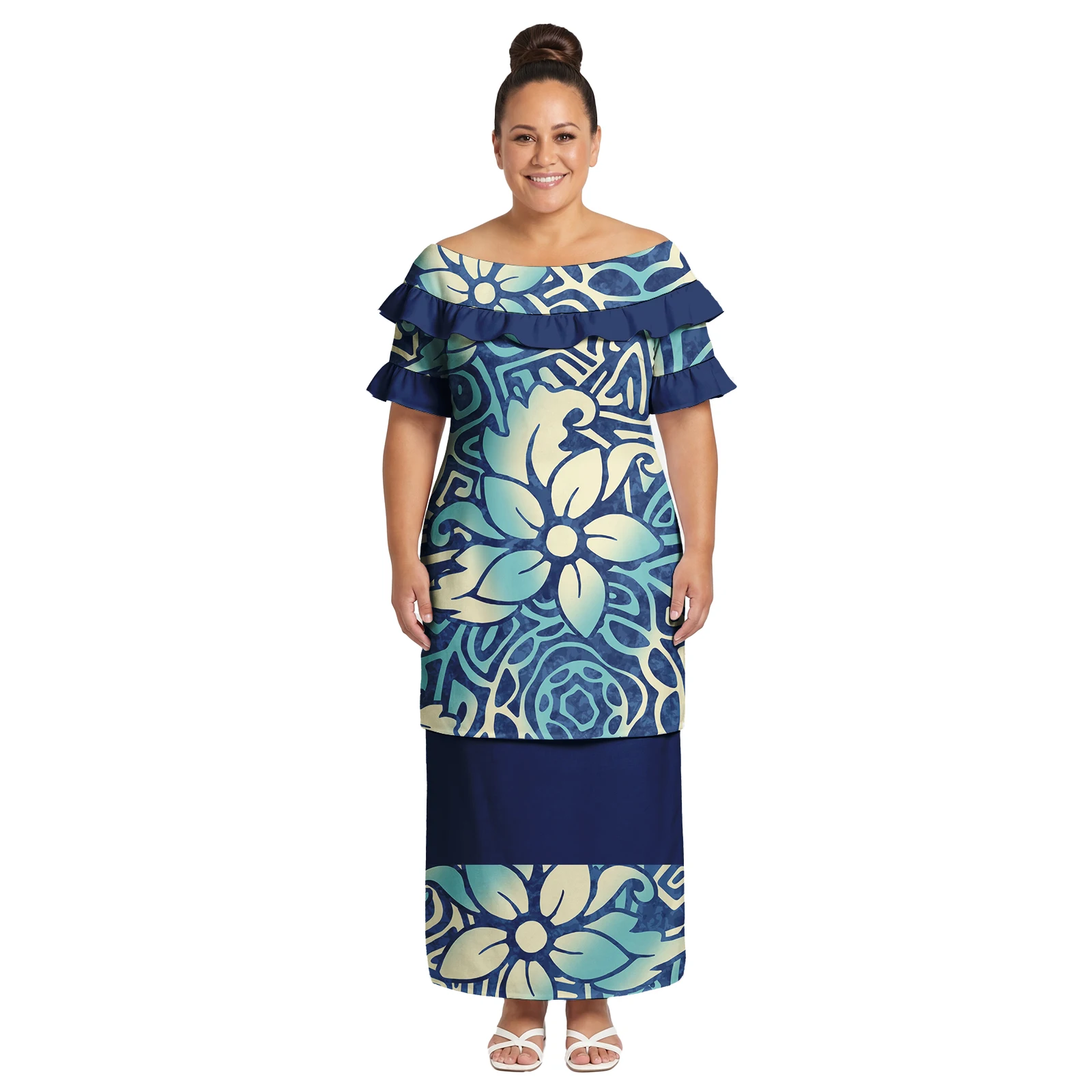 

Polynesian Fashion Classic Ladies Puletasi Hawaiian Tropical Pattern Brand New Dress Samoan Ruffle Neck Custom Women Puletasi