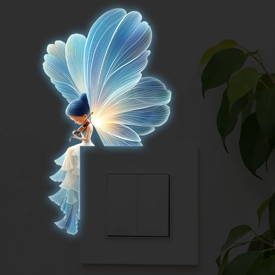 Glow In The Dark Whimsical Fairy Night Light Sticker, Blue Glow Violinist Serenading, Removable Peel And Stick, Music Theme Art