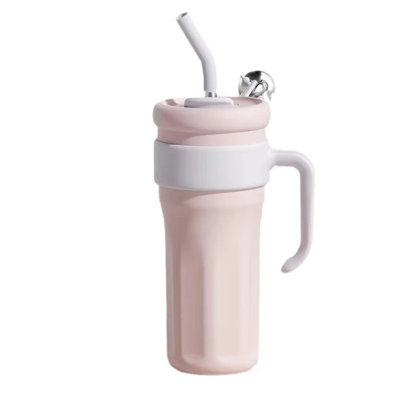 

Double Big Mouth Outdoor Thermal Insulated Stainless Steel Large Capacity Coffee Cup With Handle and Straw