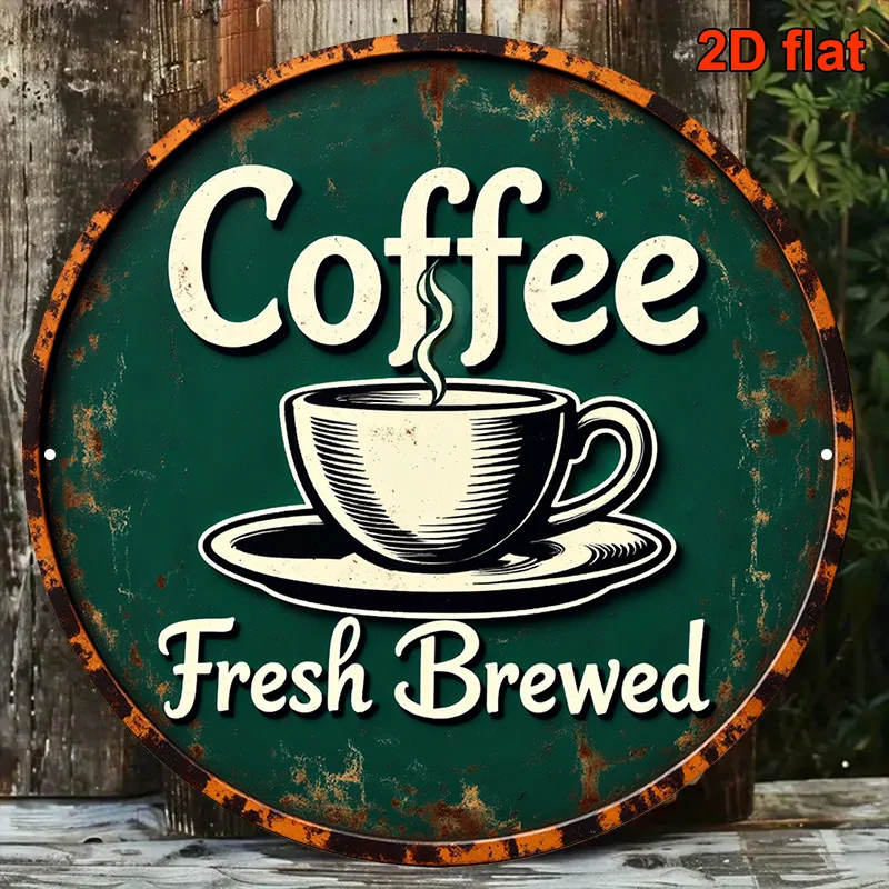 2D Retro Metal Sign Coffee Fresh Brewed 8x8 Inch Round Aluminum Vintage Wall Art for Cafe Bar Kitchen Office Home Decor