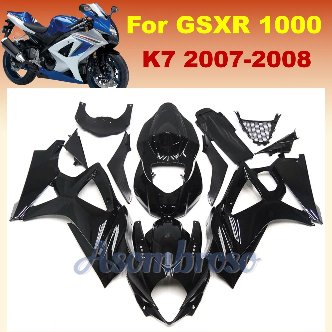 ABSモーターサイクルフェアリングキット,GSXR 1000 2008 2007 GSXR 1000 07 08 GSX-R k7,光沢のある黒の射出成形,ボディワークシェル