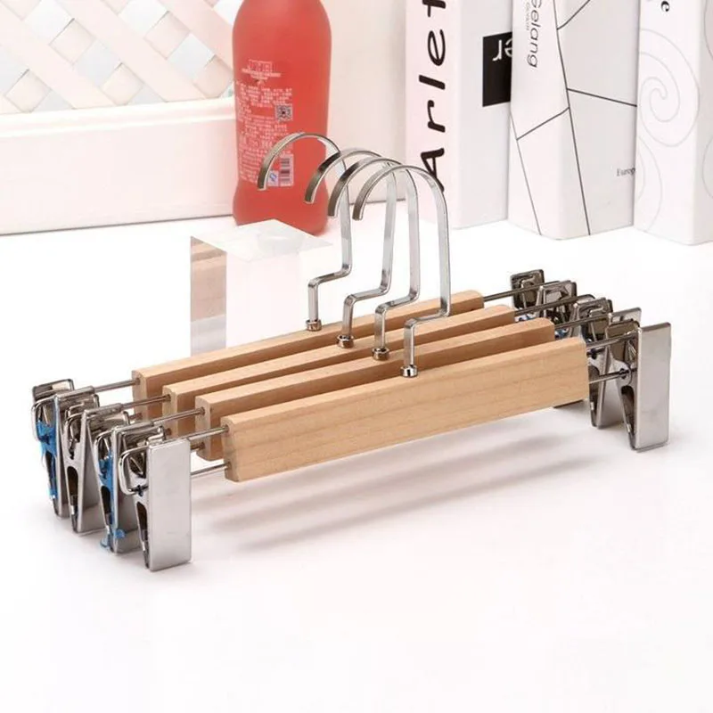 Retro 10pcs Wooden Pants Hanger Clothes Closet Organizer Skirt Trouser Rack Wardrobe Storage Anti Slip Metal Clip