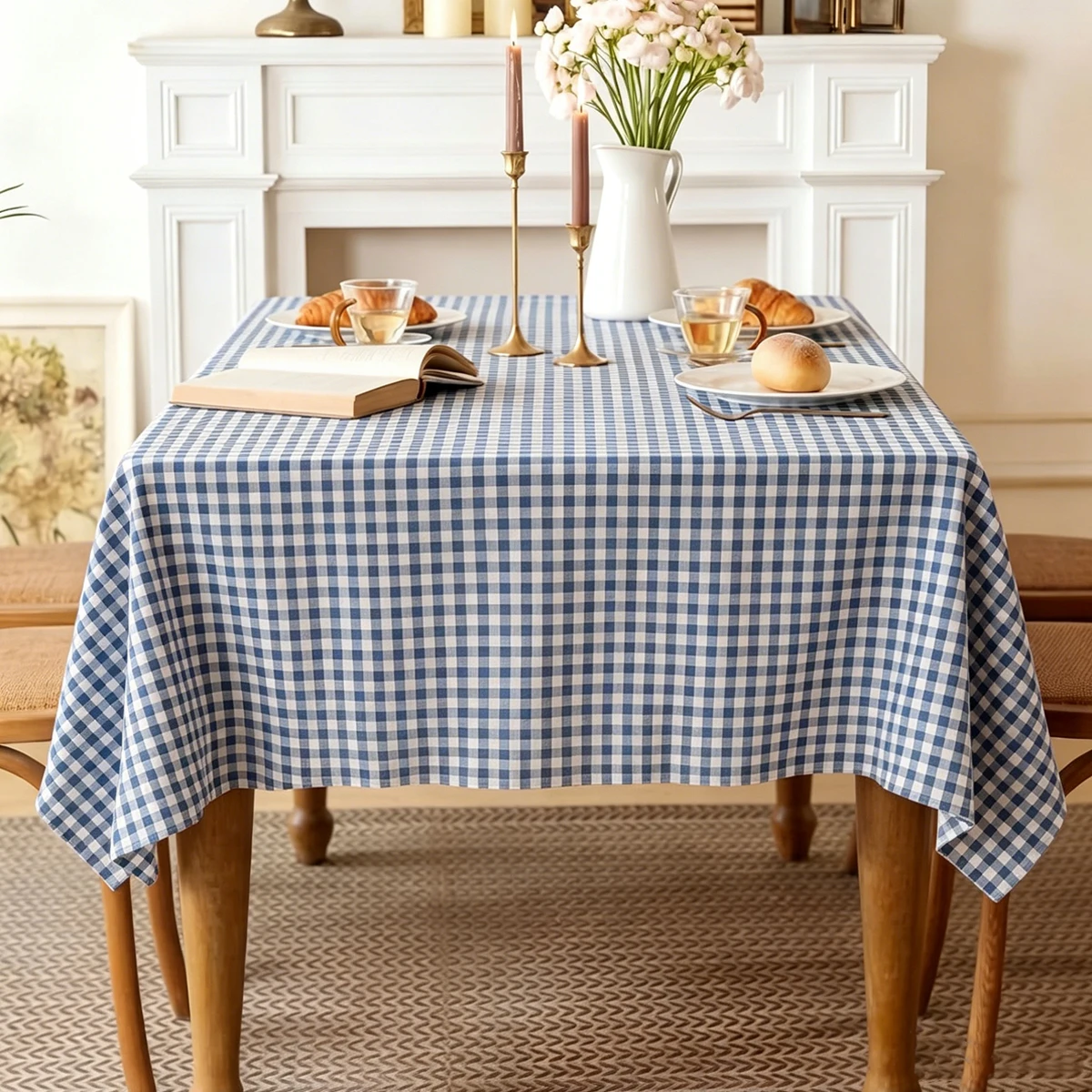 Vintage Blue and White Checkered Striped Tablecloth, Suitable for Kitchen, Wedding, and Holiday Table Decoration Tablecloths