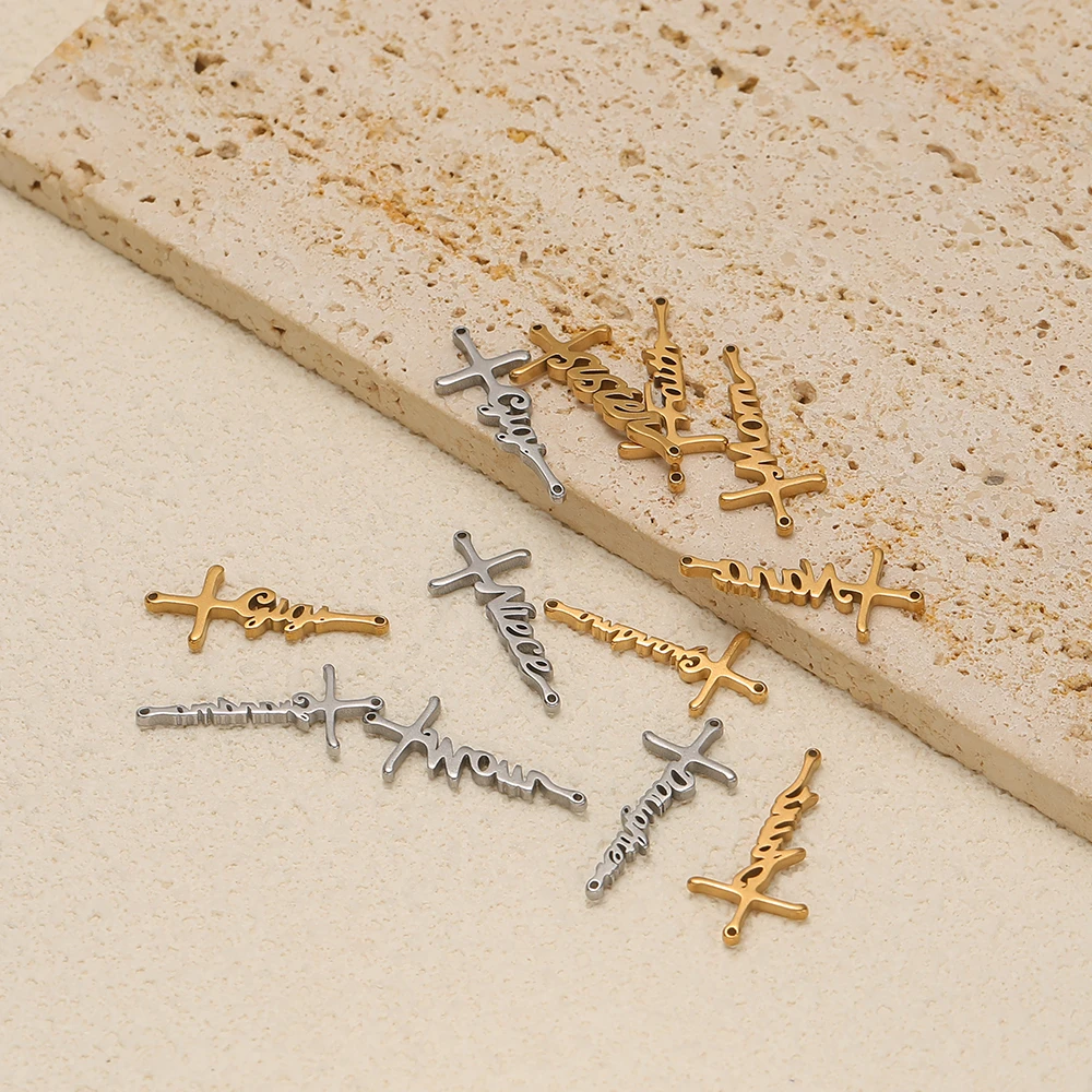 5 Stück Edelstahl-Kreuzanhänger mit Buchstaben, Muttertags-Charms für DIY-Schmuckherstellung, Halsketten-Verbindungsstücke, Armband-Zubehör – Detail 1