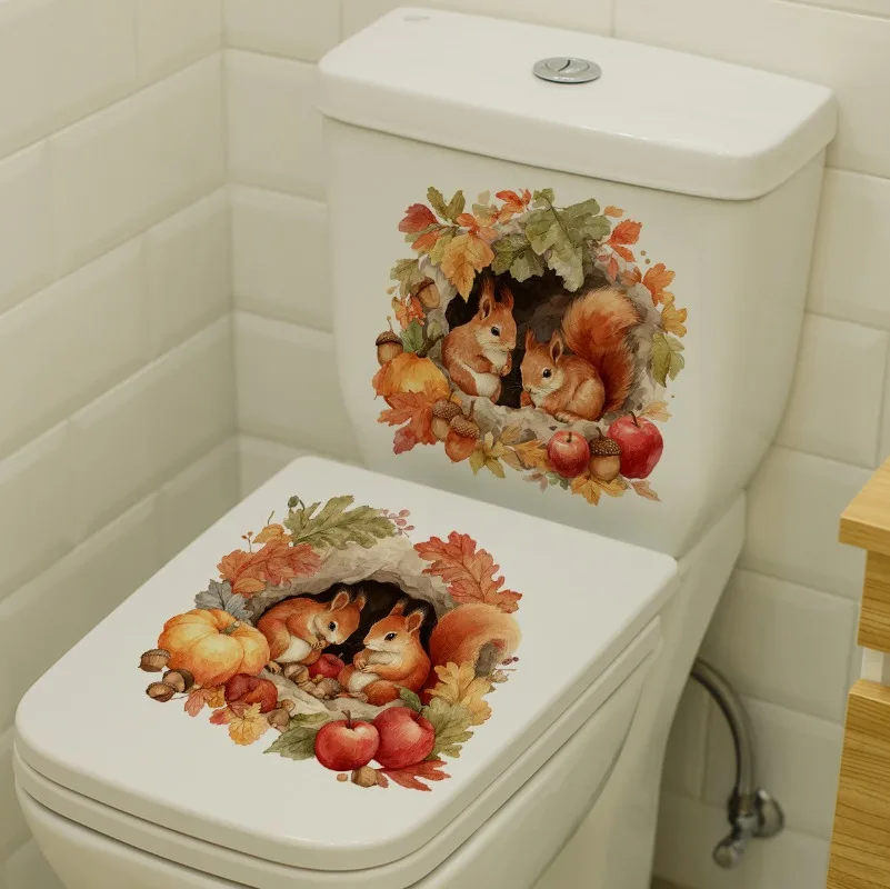 Autumn Squirrel Toilet Sticker Two Squirrels Resting in Tree Hole with Autumn Fruits & Red Leaves Self-Adhesive & Removable