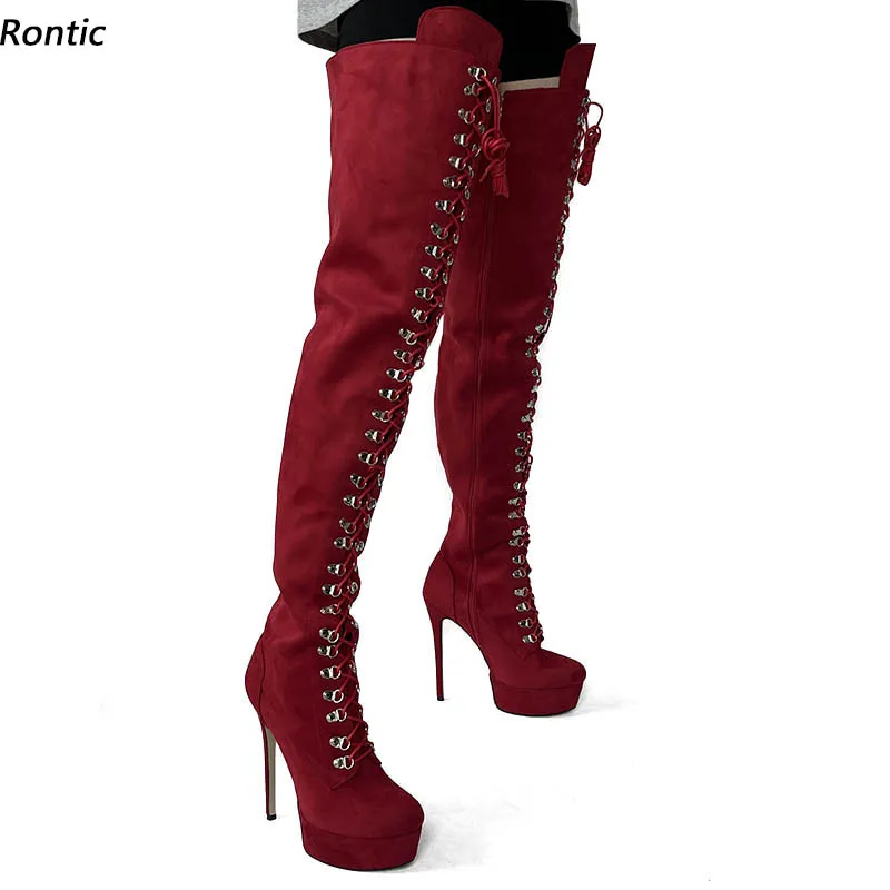 Rontic, botas hasta el muslo de invierno para mujer, plataforma de gamuza sintética, tacones de aguja con cremallera lateral, punta redonda, bonitos zapatos rojos vino, talla grande 5-20 de EE. UU.