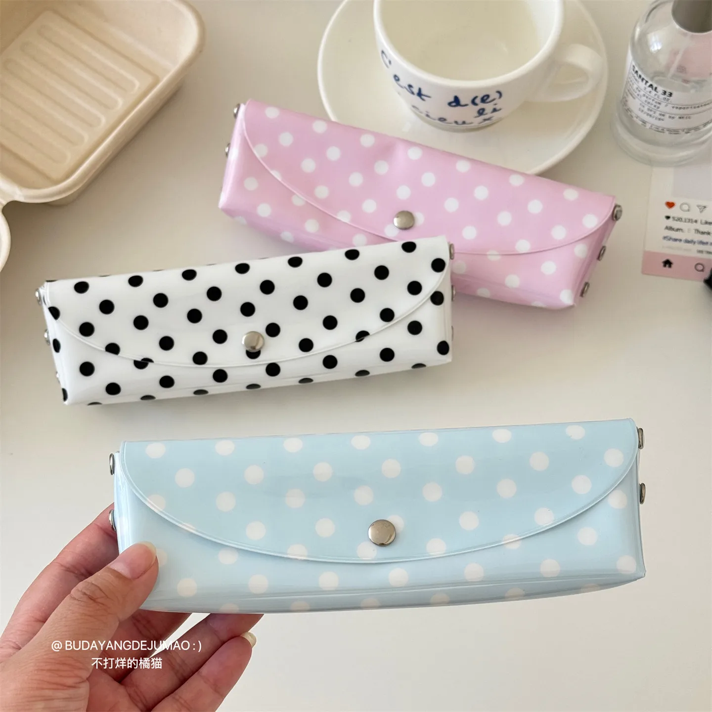 Korean Style Polka Dot Pencil Case Portable Snap Button PU Leather Waterproof Stationery Storage Bag Simple Multi Purpose Pouch