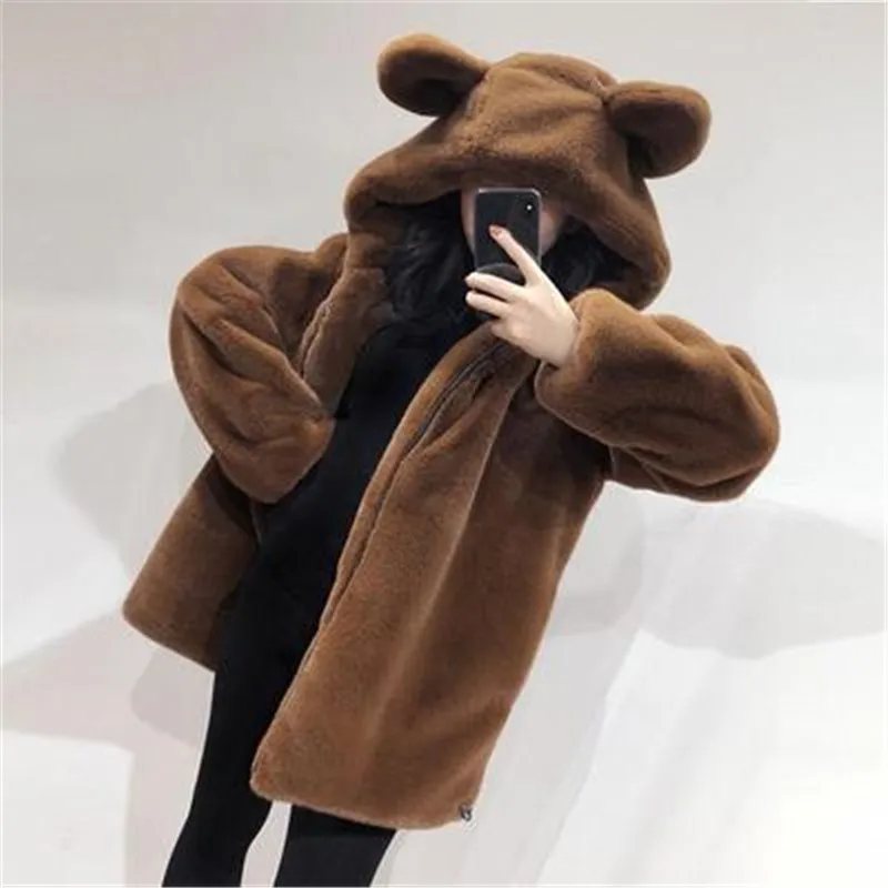 Women Winter Fur Coat New Cute Bear Ears Furry Velvet Padded Jacket Lady Loose Imitation Mink Fur Overcoat A1142