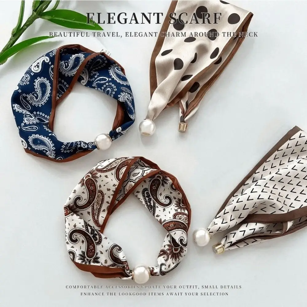 Fashion Magnetic Clasp Pearl Silk Scarf Thin Soft Neck Scarf Lightweight Cashew Flower Neckerchief for Women