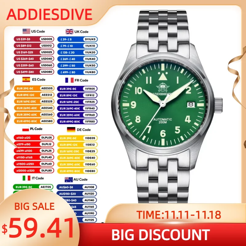 ADDIESDIVE NEW 39mm Business Automatic NH35 Movement Watch Sapphire 200M Diving Mechanical Wristwatch Super Luminous Men Watches