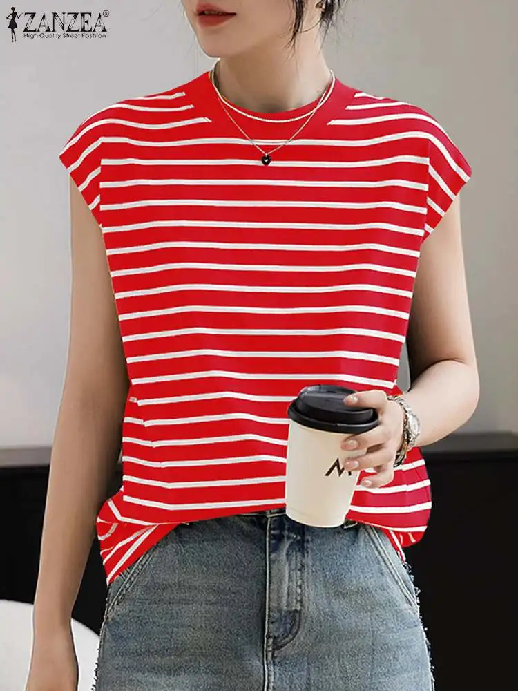 ZANZEA Summer Women Striped Blouse Elegant OL Work Shirt Fashion O Neck Short Sleeve Casual Tops Tunic Office Lady Blusas Mujer