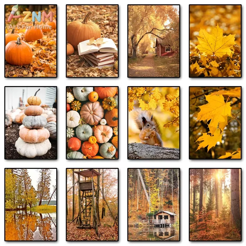1PC Autumn Decoration Canvas Poster Yellow Leaves Fall View Wall Art Print Pumpkin Painting Halloween Picture Home Decor