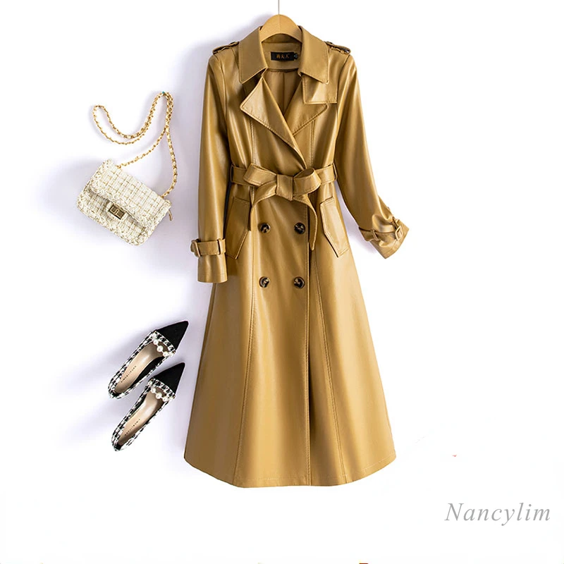 

2023 Autumn and Winter New Yellow Genuine Leather Clothes Women's Over-the-Knee Leather Windbreak Trench Coat Street Overcoats