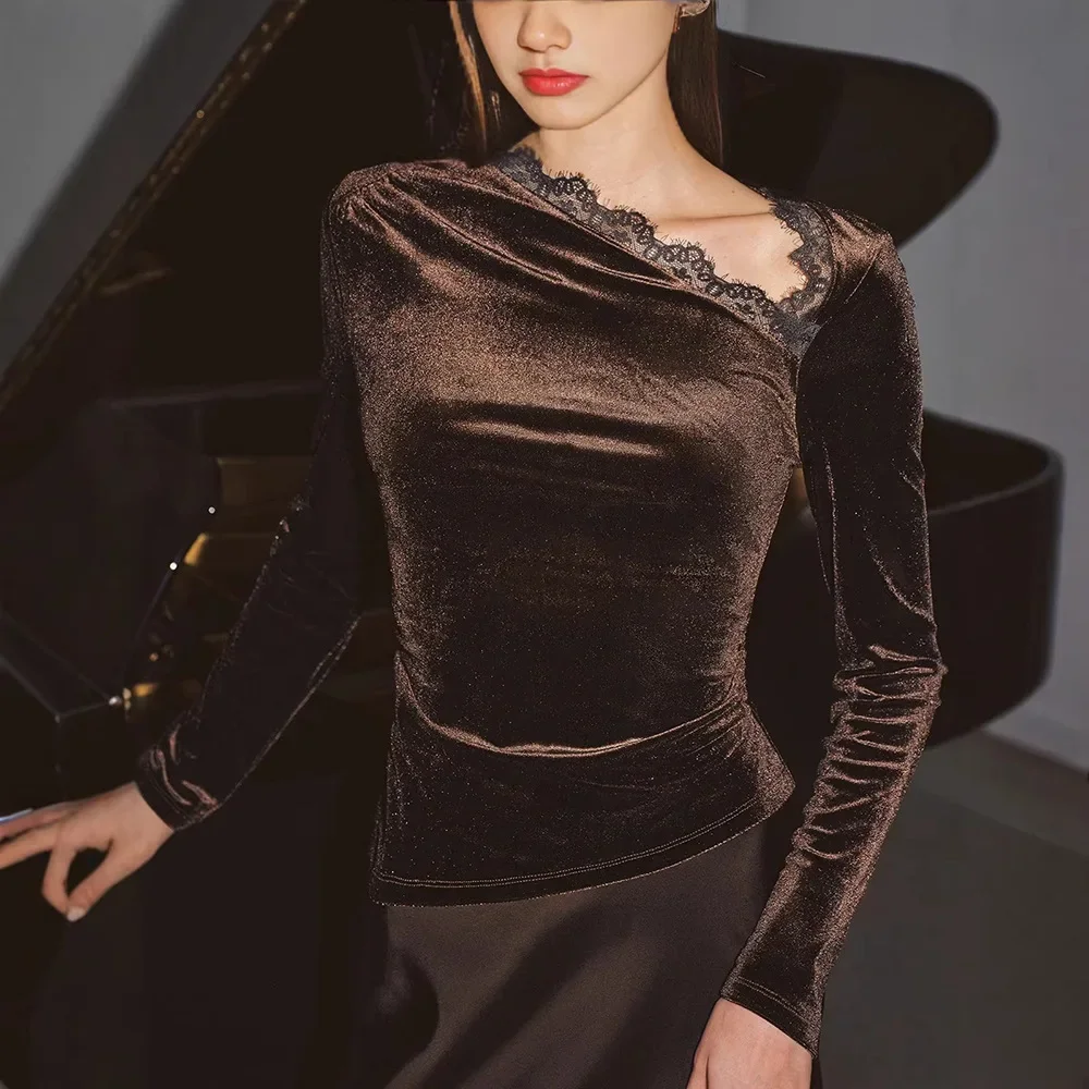 Pure Desire Spice Girl Wears A New Temperament Elegant Velvet Bottoming Shirt with Lace Diagonal Neck Slim-fit Top