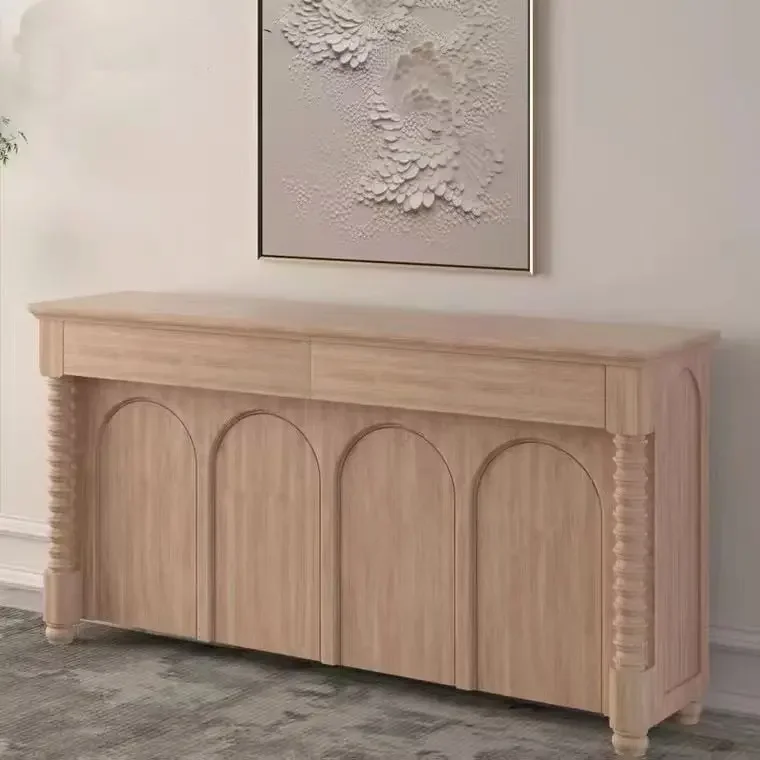 Milk white side cabinet Arched door Solid wood pillar TV cabinet