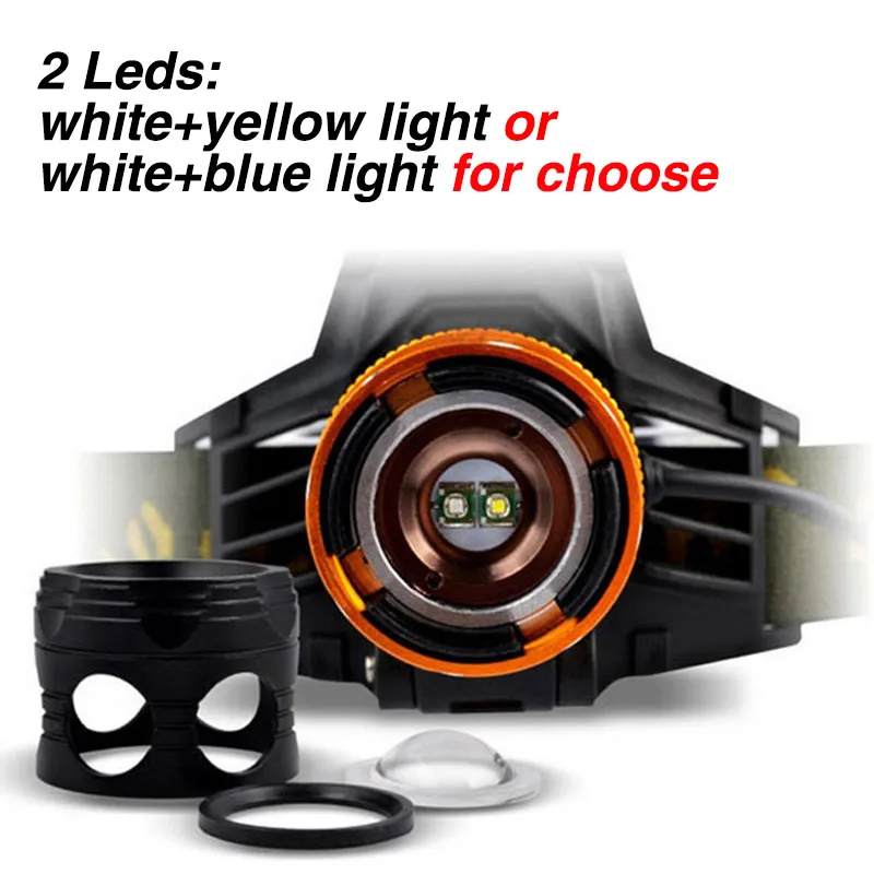 2way Waterproof  Head Light Headlamp 2 LEDs Headlight Blue Yellow Fishing Flashlight Torch Head Lamp + Charger + 18650 Battery