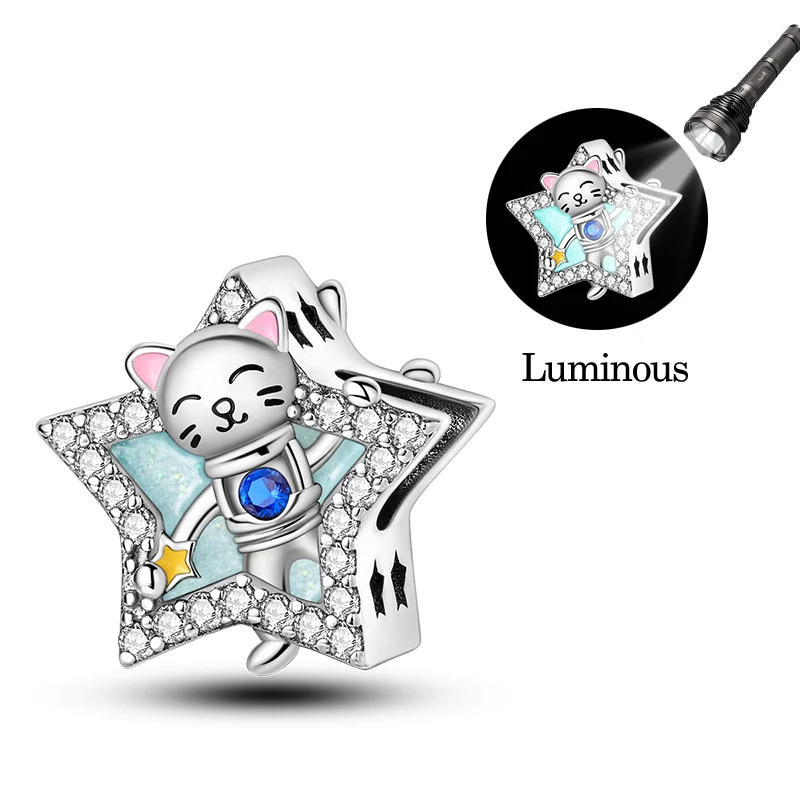 Original 925 Sterling Silver Space Cat Star Charms Beads CZ Zircon Dangle For Women Fine DIY Birthday Jewelry Gifts