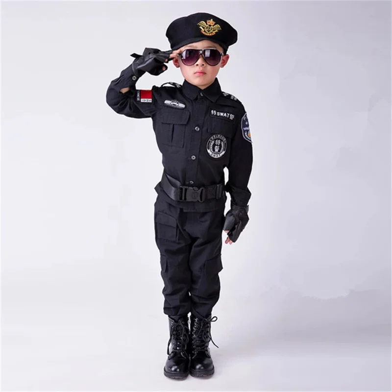 Policemen Costumes Boys Special Police Uniform Children's Day Gift Army Long Sleeve Coat Pants Belt Gloves Hat Cosplay Clothing