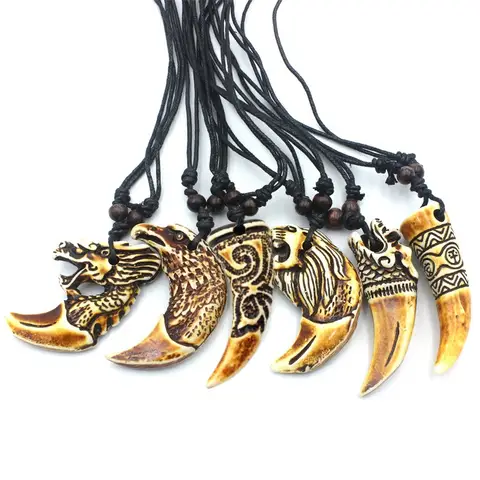 Nuevo collar de tótem de dragón tallado de hueso de Yak de imitación para hombres y mujeres, collar con colgante de diente de lobo y diente de Animal, amuleto