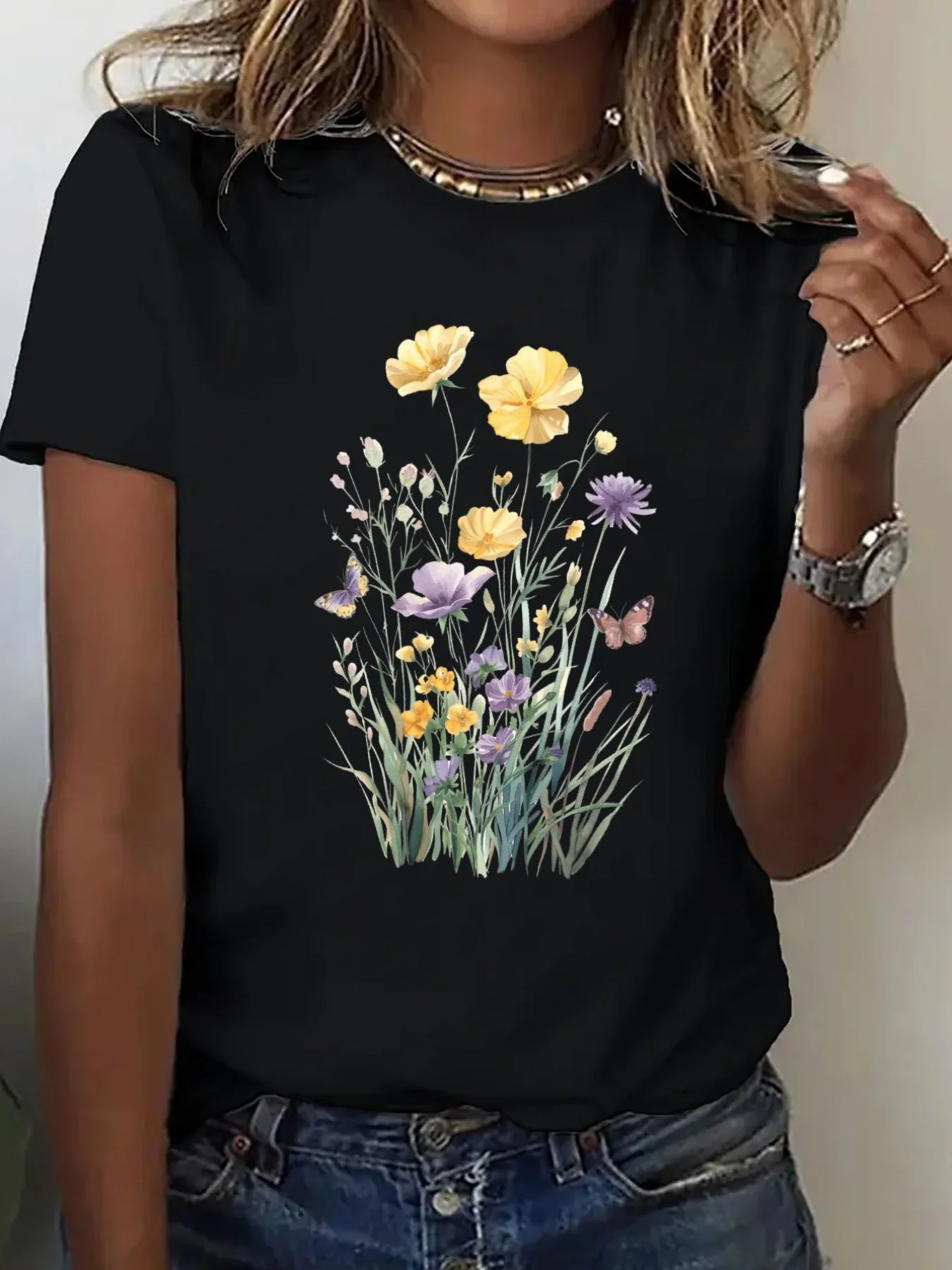 활기찬 꽃 프린트 티셔츠 여성 하라주쿠 반팔 캐주얼 여성 티셔츠 의류 스트리트 탑 티셔츠 미적 의류