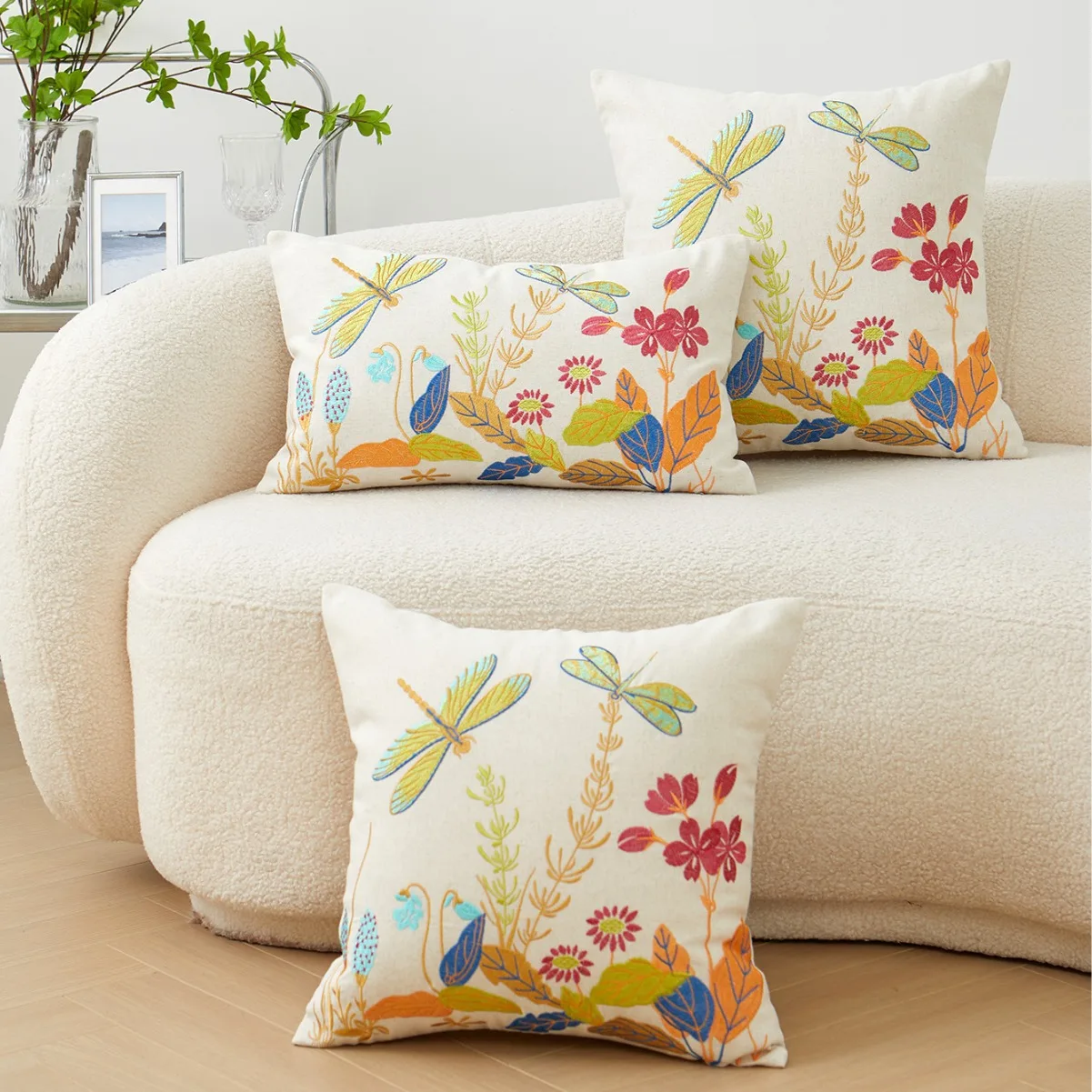 Natural Dragonfly Floral Embroidery Cushion Cover 45 Cotton Linen Country Rustic Throw Pillow Cover Decorative Sofa Home Decor