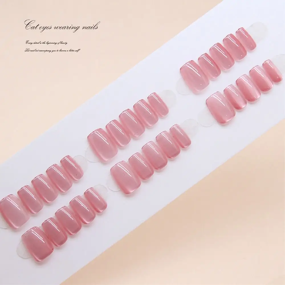 24pcs Short Ballerina False Nails French Shining Press on Nails Cat Eye Pink Blue Nail Tips Full Cover Nail Tips Fake Nails