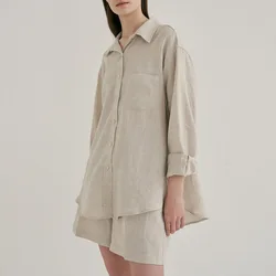 2024 Newly 100% Linen Short Sets for Women 2 Pieces Turn Down Collar Long Sleeve Top + Shorts Tracksuit Conjunto Feminino