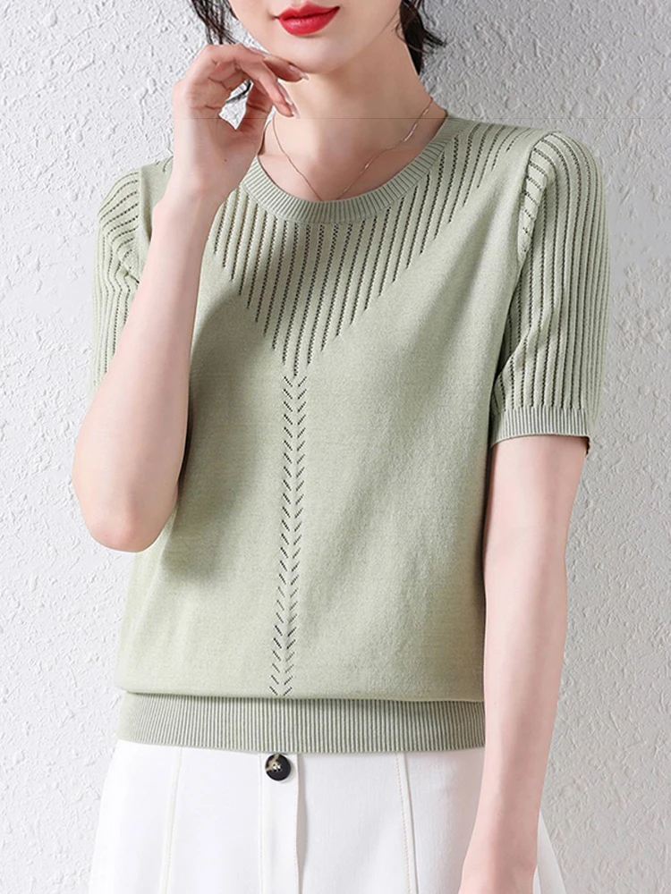 Summer Hollow-out Women Knit Tees Shirt O-neck Cotton Pullover Tops Short-sleeved T-shirt Knitted Jumpers Base Sweater