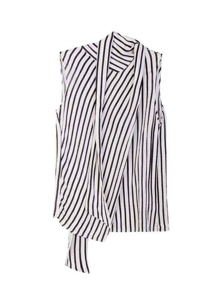 قميص بدون أكمام مخطط فرنسي أنيق للنساء صيفي بتصميم جديد وياقة متدفقة وقميص نحيف للسيدات في المكتب