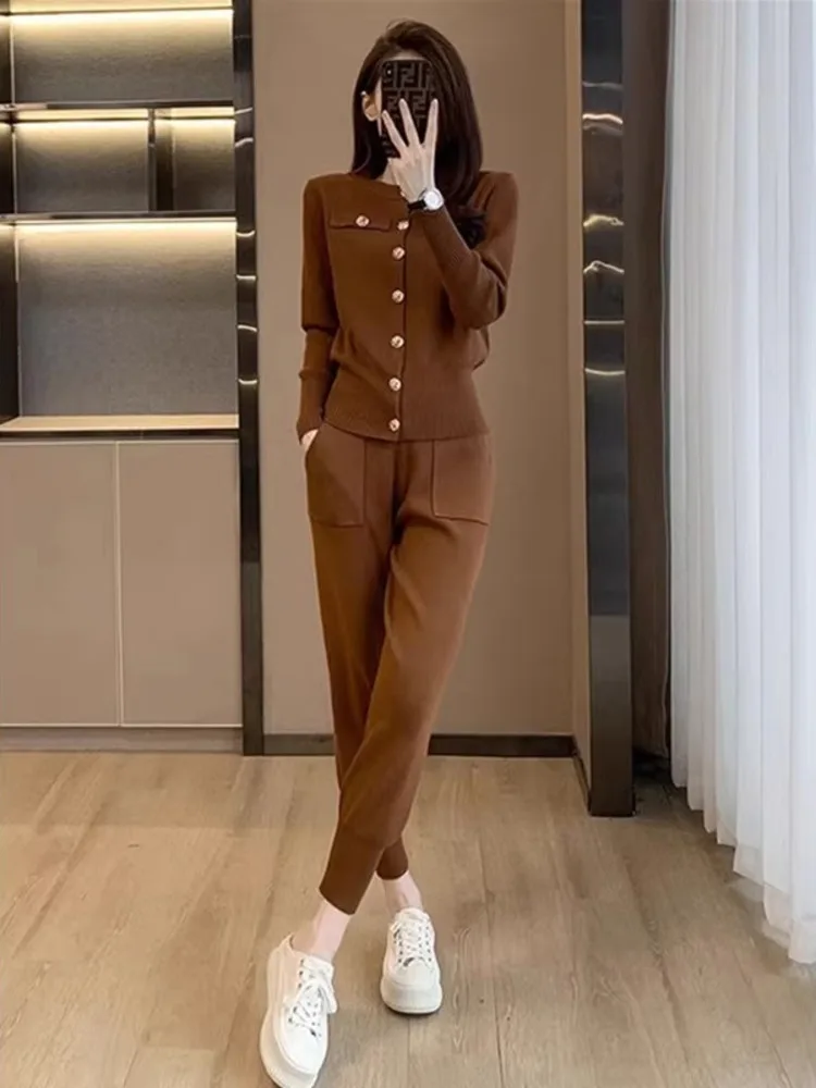 Autumn And Winter New Streetwear Small Fragrant Knit Set Women's Long Sleeve Cardigan Sweater Casual Trouser Two Piece Set